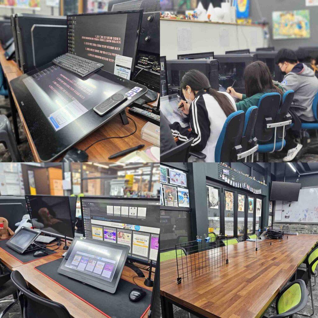 동탄미술학원 애니반 실기실, 와콤 신티크, 디지털 드로잉 수업, 학생 수업 모습 포함