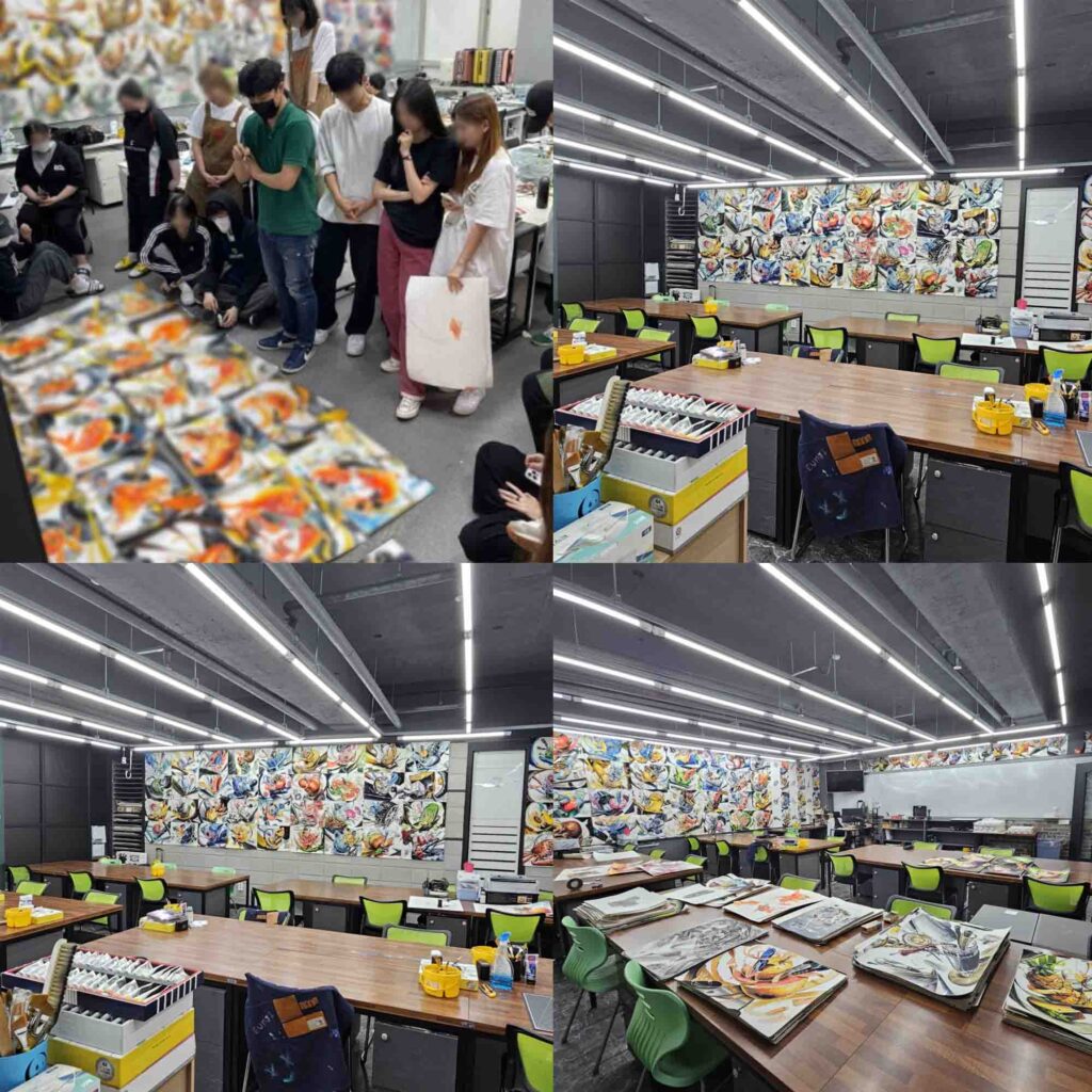 동탄가우디미술학원 디자인 입시반 수업 현장과 실기실 내부 전경, 기초디자인 작품과 학생들 모습